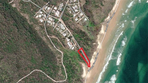 Aerial view of Happy Valley on K'gari with project area outlined in red